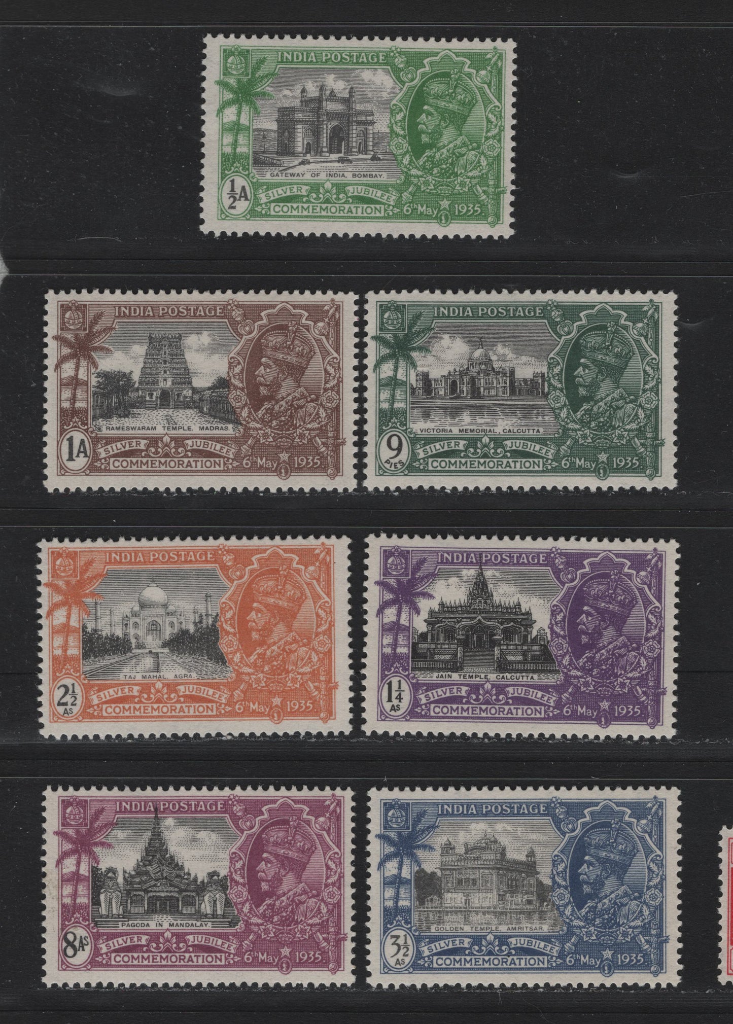 Lot 45 India (C) SG#241, 245, 240w, 242w, 243w, 244w, 246w 1/2a-8a Black & Yellow Green - Black & Purple Various Landmarks, 1935 Silver Jubilee Issue, 7 Fine & VFOG Singles Wmk Stars Pointing Right & Left