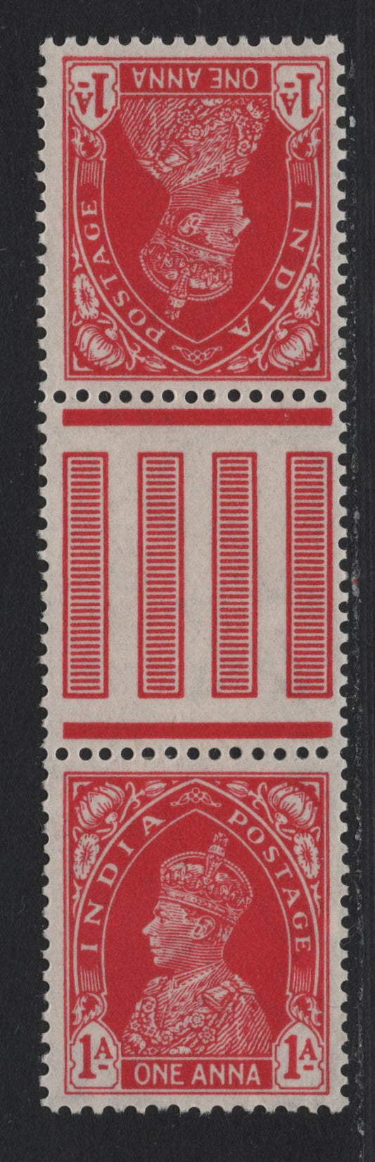 Lot 46 India (C) SG#250a 1a Carmine King George VI, 1937-1940 King George VI Definitive Issue, A VFOG Gutter Pair Tete-Beche