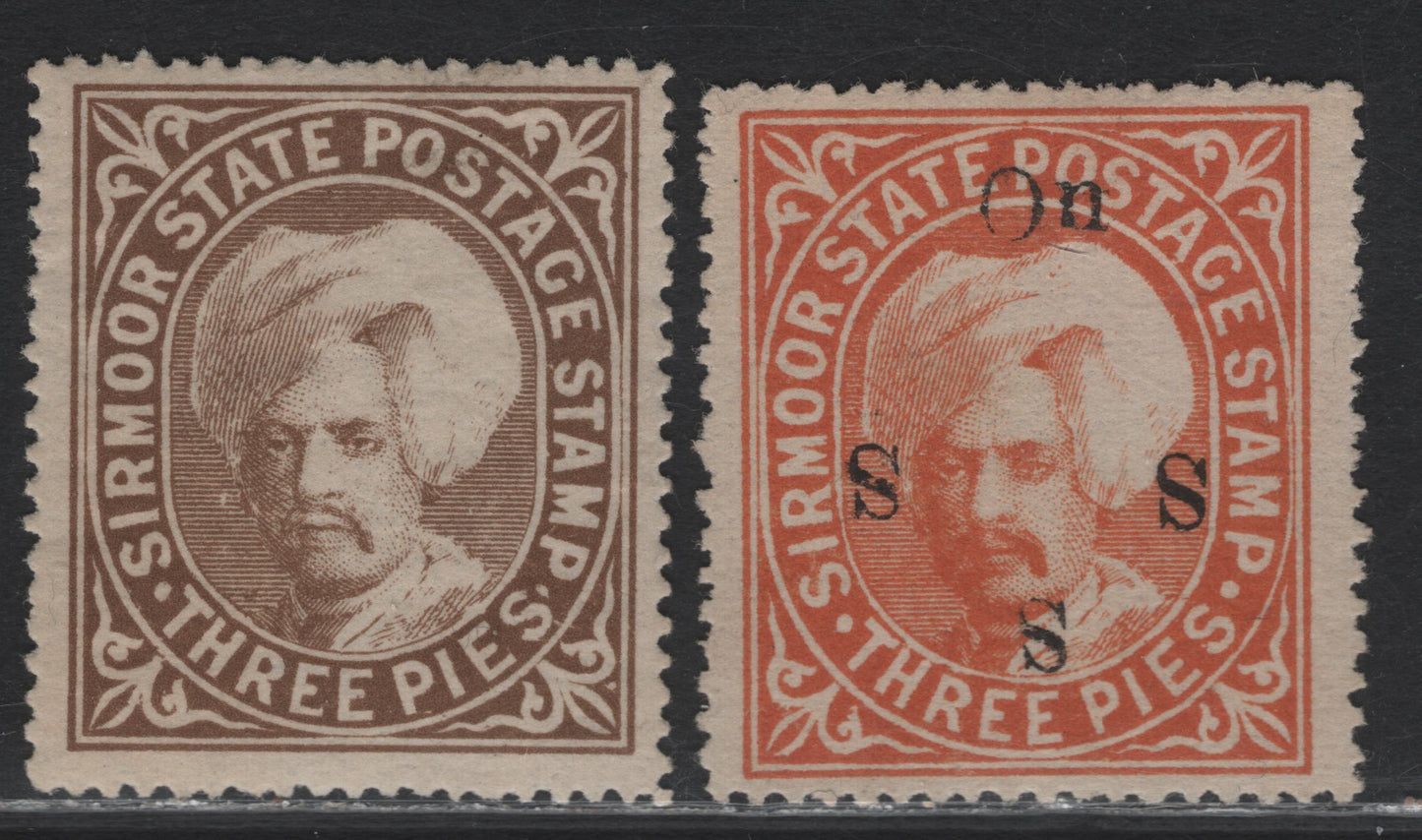Lot 53 India - Sirmoor (C) SG#6, 54var 3p - 3p Chocolate - Orange , 1885-1886 Raja Shanster Parkush Issue, 2 FOG & Very Fine Unused Singles, Type A, Unlisted Official Overprint Type 12, No Stops After S' & All S' Inverted.