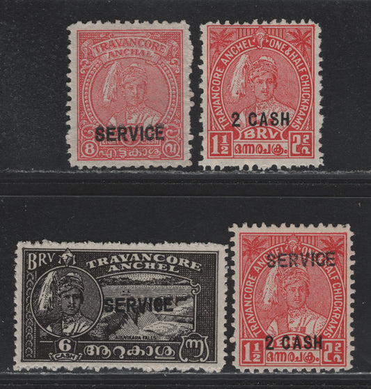 Lot 55 India - Travancore (C) SG#73e, O103e, O108-a 2ca on 1.5ch - 8ca Scarlet - Carmine , 1943-1946 Maharaja Bala Rama Vorma XI Issue, 4 Fine/Very Fine Unused Singles, Perfs 11 & 12x12.5