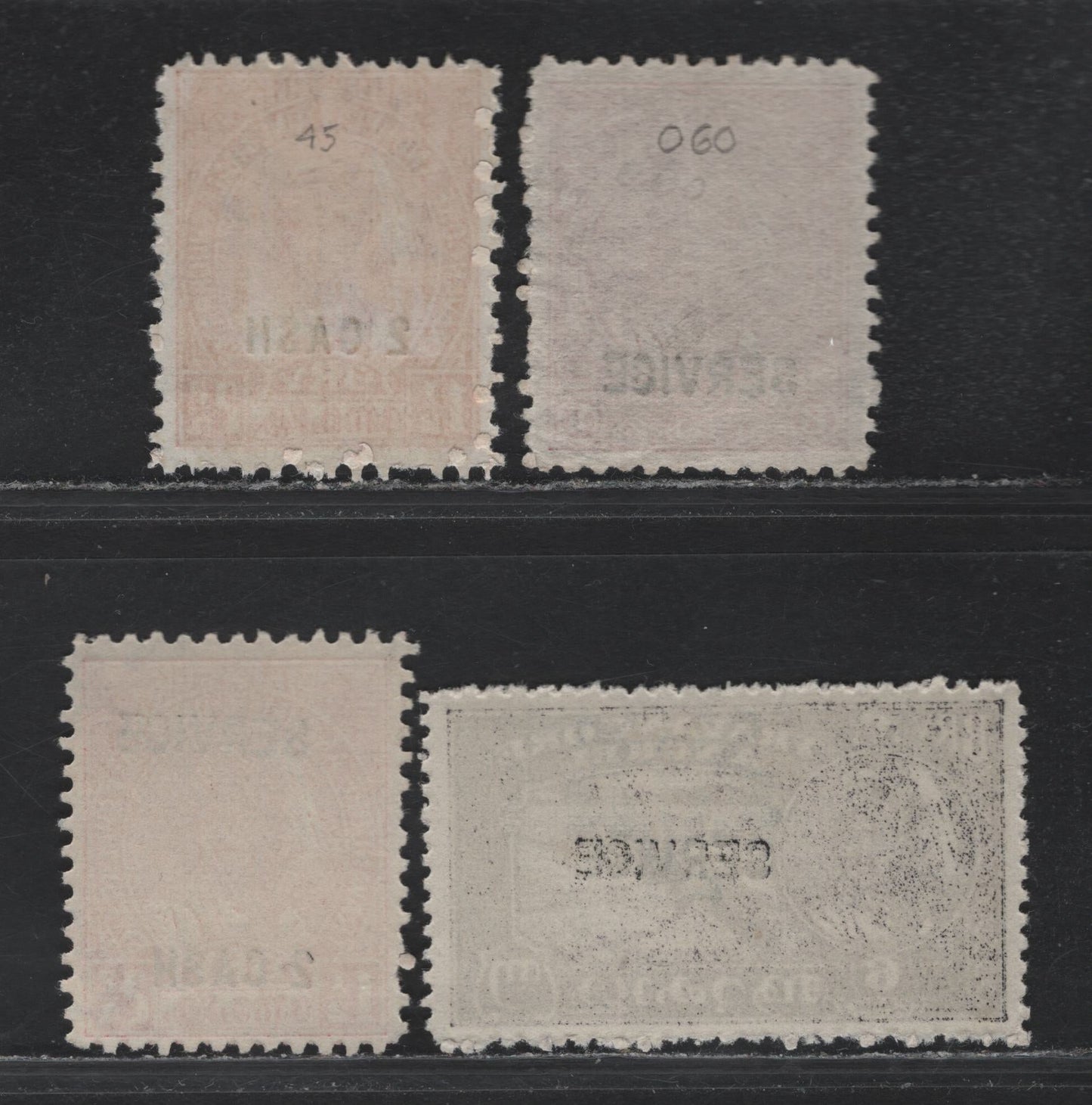 Lot 55 India - Travancore (C) SG#73e, O103e, O108-a 2ca on 1.5ch - 8ca Scarlet - Carmine , 1943-1946 Maharaja Bala Rama Vorma XI Issue, 4 Fine/Very Fine Unused Singles, Perfs 11 & 12x12.5