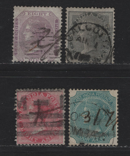 Lot 58 India (C) SG#46, 57, 69, 73 4a - 8p Gray Black - Rose , 1856-1868 Queen Victoria Keyplate Issue, 4 Ungraded Singles, 4a Gray Black Unwatermarked, Rest Elephants Head Wmk, Die 1