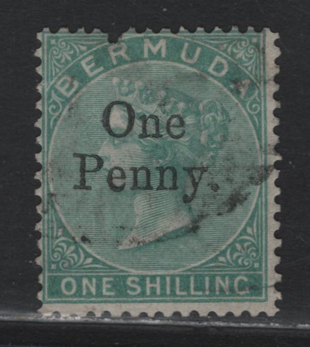 Lot 6 Bermuda (C) SG#17 1d on 1/- Green , 1875 Surcharged Provisional Issue, A Good Used Single, Misplaced Perf Above R of Bermuda, Expert Signature on the Bottom