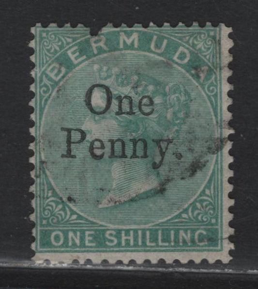 Lot 6 Bermuda (C) SG#17 1d on 1/- Green , 1875 Surcharged Provisional Issue, A Good Used Single, Misplaced Perf Above R of Bermuda, Expert Signature on the Bottom