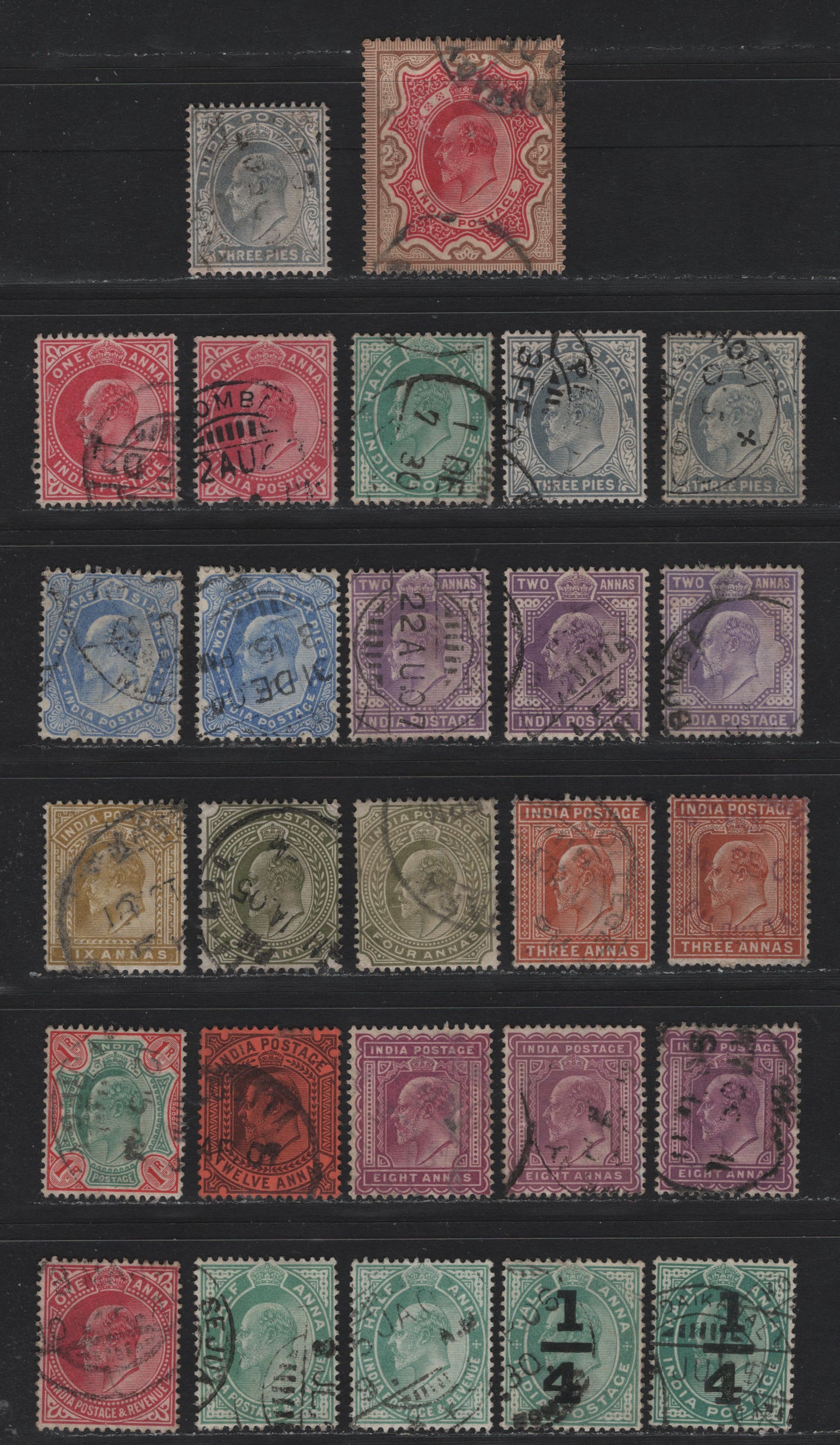 Lot 61 India (C) SG#119/150 3p - 1a Gray - Carmine , 1902-1911 King Edward VII Keyplate Issue, 27 Fine/Very Fine Used Singles, With Listed Shades