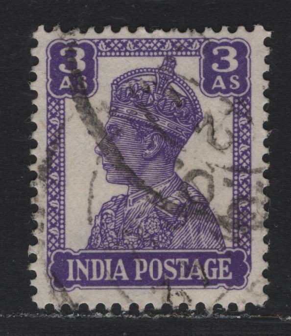Lot 68 India (C) SG#271aw 3a, 1/4a on 1/2a Bright Violet , 1940-1943 KGVI Definitive Issue, A Fine Used Single, Scarce Inverted Wmk, Lithographed