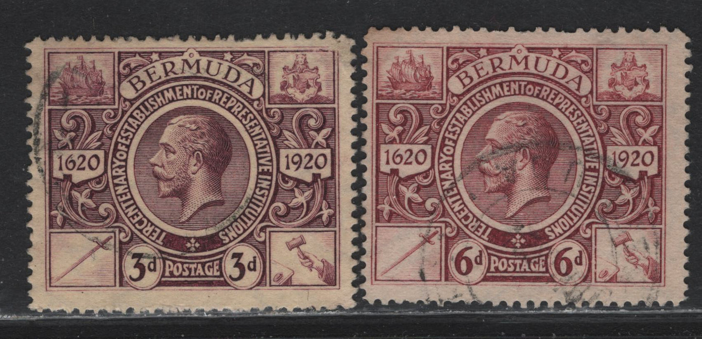 Lot 7 Bermuda (C) SG#70, 72 3c - 6d Purple on Pale Yellow - Purple , 1921 Tercentenary of Representative Institutions, 2 Fine Used Singles, Crown CA Wmk