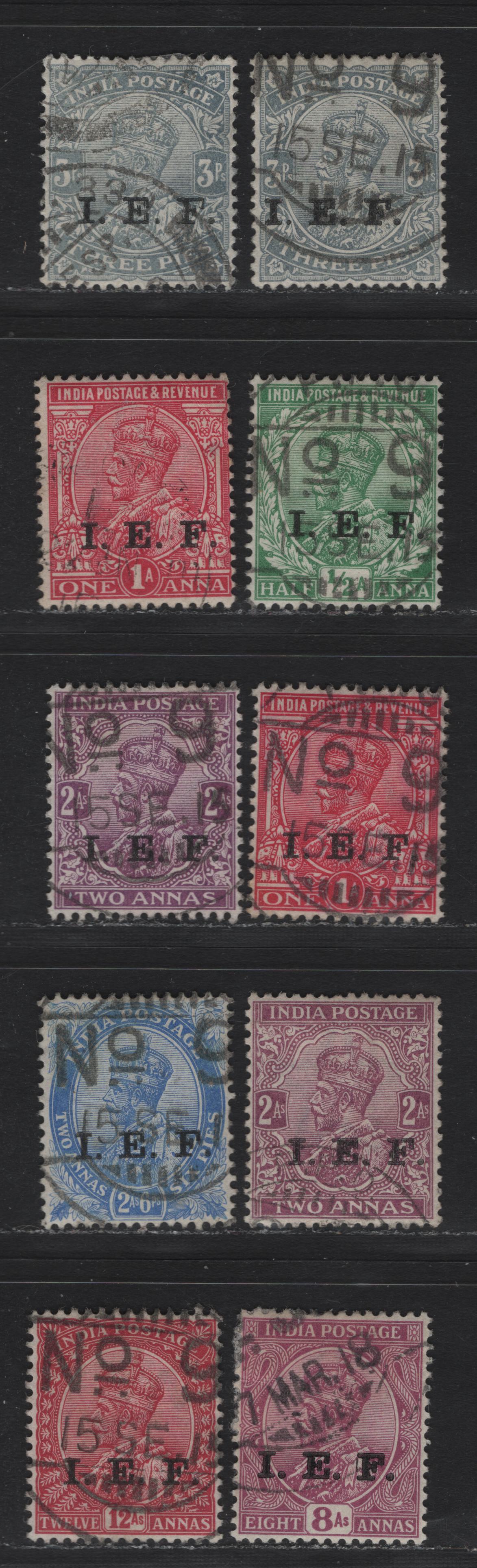 Lot 74 India - China Expeditionary Force (C) SG#E1-E6, E10-E11 3p - 12a Gray - Carmine Lake , 1914 India Expeditonary Force Overprinted Issue, 8 Fine/Very Fine Used Singles, Includes Both 1a Aniline Carmine & 1a Carmine