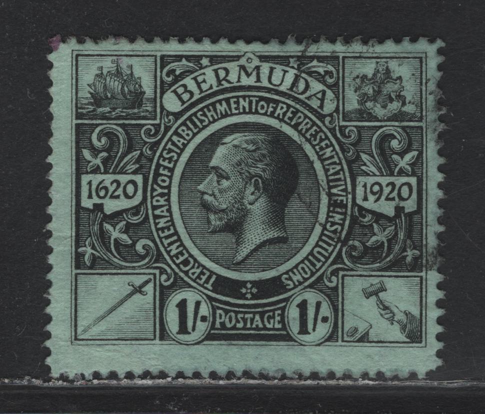 Lot 8 Bermuda (C) SG#73 1/- Black on Green , 1921 Tercentenary of Representative Institutions, A Very Good Used Single, Corner Crease At LL