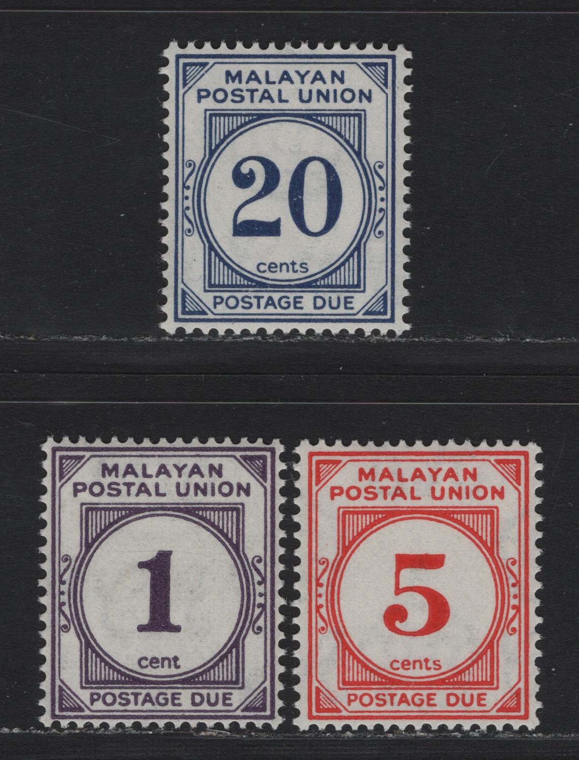 Lot 94 Malayan Postal Union (C) SG#D7, D9, D13 1c - 20c Purple - Blue , 1945-1949 Postage Dues, 3 VFNH Singles, Perf 15x14, Script CA Wmk