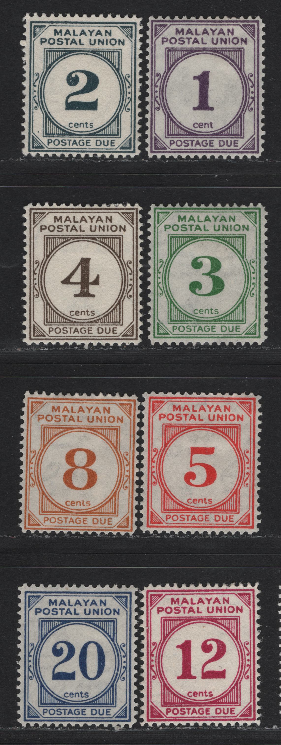 Lot 95 Malayan Postal Union (C) SG#D14-D21 1c - 20c Violet - Blue , 1951-1963 Postage Dues, 8 F/VFOG Singles, Perf 14, Script CA Wmk, 5c Has A Shallow Hinge Thin.
