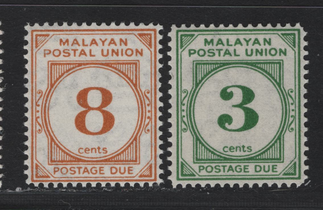Lot 96 Malayan Postal Union (C) SG#D16, D19 3c - 8c Deep Green - Yellow Orange , 1951-1963 Postage Dues, 2 VFNH Singles, Perf 14, Script CA Wmk