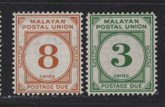 Lot 96 Malayan Postal Union (C) SG#D16, D19 3c - 8c Deep Green - Yellow Orange , 1951-1963 Postage Dues, 2 VFNH Singles, Perf 14, Script CA Wmk