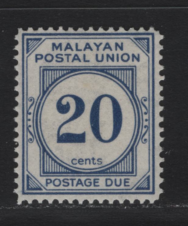 Lot 98 Malayan Postal Union (C) SG#D21 20c Blue , 1951-1963 Postage Dues, A VFNH Single, Perf 14