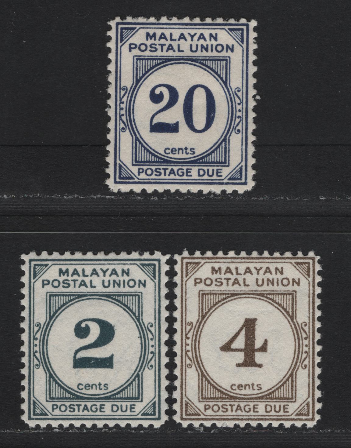 Lot 99 Malayan Postal Union (C) SG#D15a, D17a, D21a 2c - 20c Deep Slate Blue - Blue , 1951-1963 Postage Dues, 3 VFOG Singles, 1960 Printings, Script CA Wmk