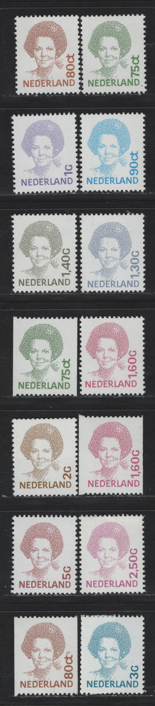 Lot 103 Netherlands SC#773-774A, 775-781, 787, 789-790 75c - 5f Green - Brown Red , 1991-1994 Queen Beatrix Issue, 13 VFNH Sheet Stamps & Coils