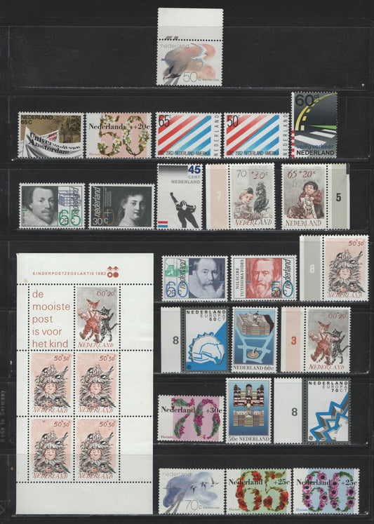 Lot 106 Netherlands SC#638-648, B577-B584, B582a,1982 Commemorative & Semi Postal Issues, 24 VFNH Singles & Souvenir Sheets, Complete Year Set, Includes Booklet Singles
