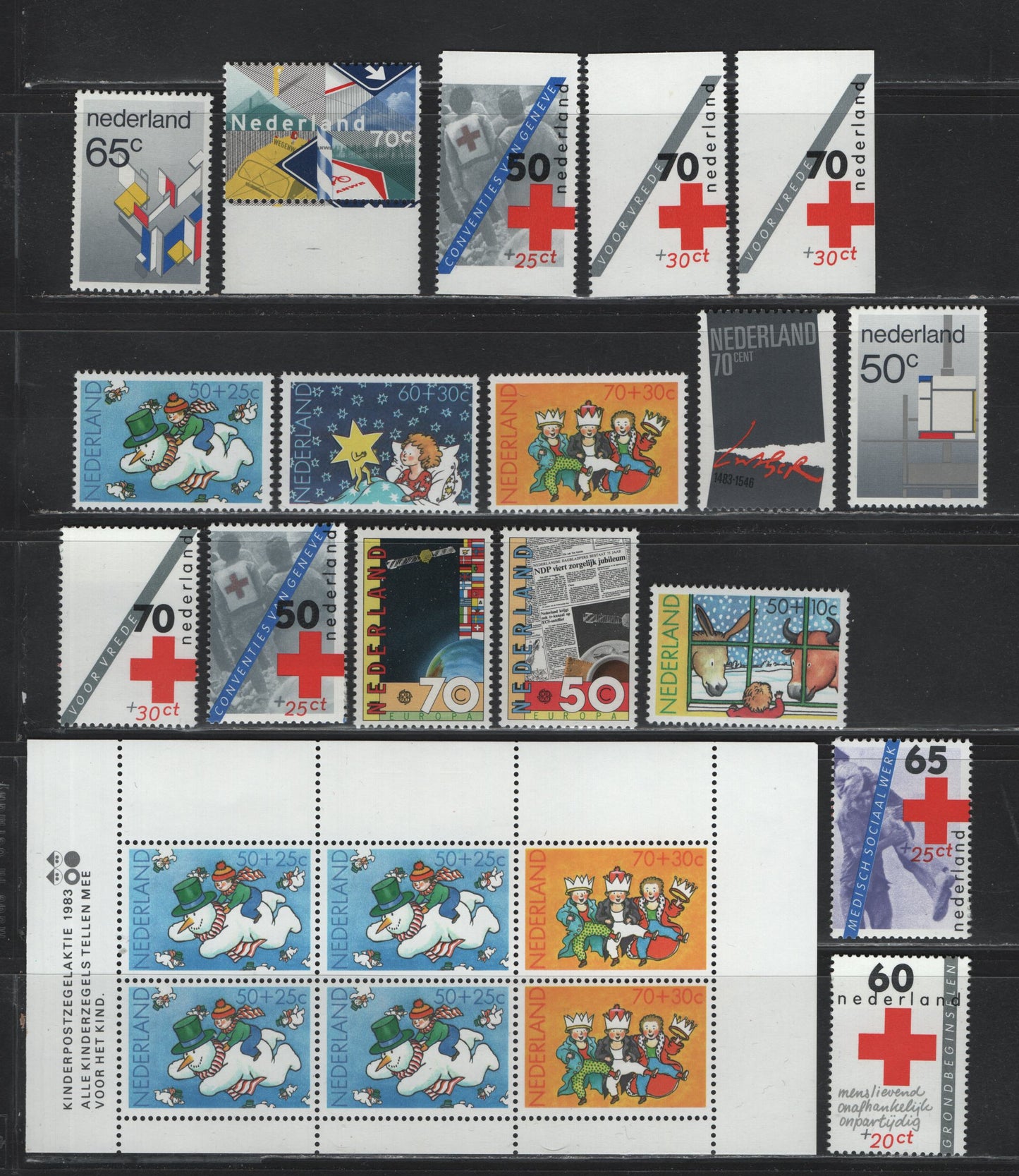 Lot 107 Netherlands SC#649-654, B585-B599a, 1983 Commemorative & Semi Postal Issues, 18 VFNH Singles & Souvenir Sheets, Complete Year Set, Includes Booklet Singles