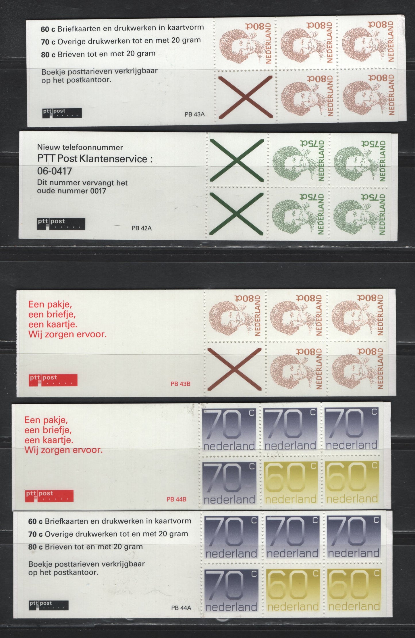 Lot 115 Netherlands SC#774Ab, 773a, 791a, 1991-1994 Queen Beatrix & Numeral Definitives, 5 VFNH Complete Booklets, Including Two Each Containing Panes of 70cx4+260c & 5x50x+Label, Different Color Covers, Plus One Containing A Pane Of 75c Green+Label.