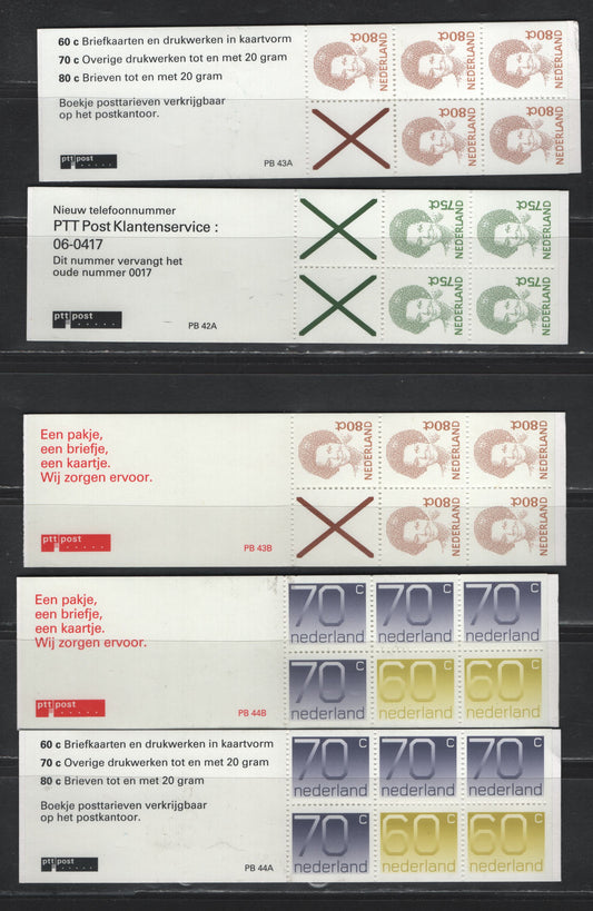 Lot 115 Netherlands SC#774Ab, 773a, 791a, 1991-1994 Queen Beatrix & Numeral Definitives, 5 VFNH Complete Booklets, Including Two Each Containing Panes of 70cx4+260c & 5x50x+Label, Different Color Covers, Plus One Containing A Pane Of 75c Green+Label.