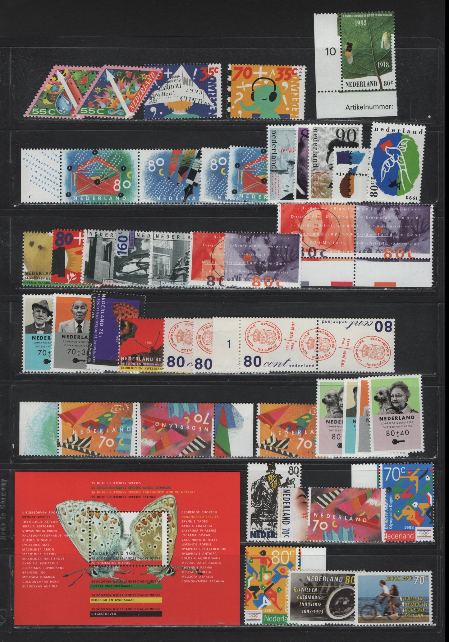 Lot 118 Netherlands SC#821-849a, B671-B673a, B674-B676a, 1993 Commemorative & Semi Postal Issues, 41 VFNH Singles, Se-Tenant Pairs & Souvenir Sheets, Complete Year Set, Lithographed/Photogravurwe Sheet & Booklet Singles
