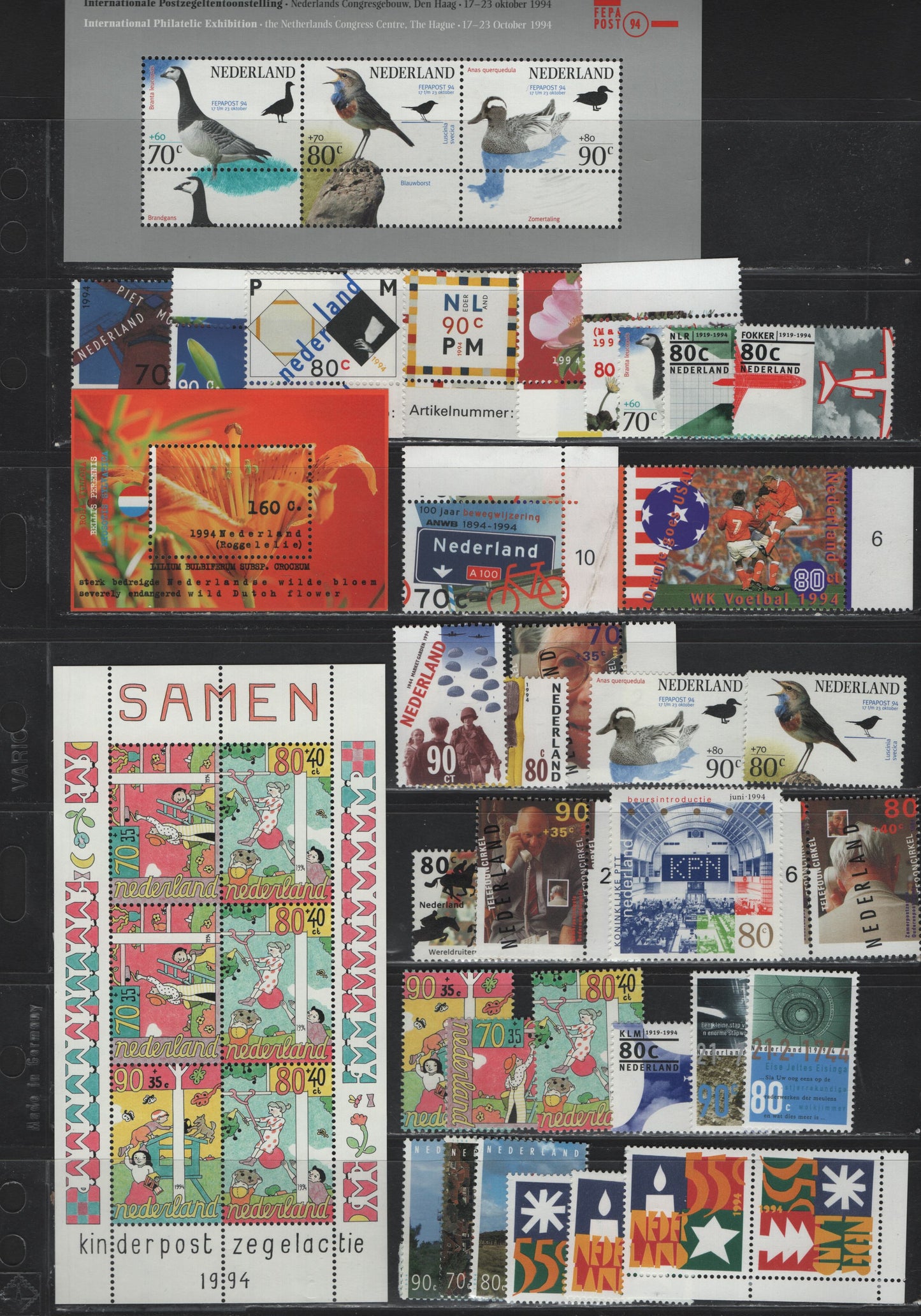 Lot 119 Netherlands SC#850-872a, B677-B685a, 1994 Commemorative & Semi Postal Issues, 33 VFNH Singles & Se-Tenant Pairs, Complete Year Set