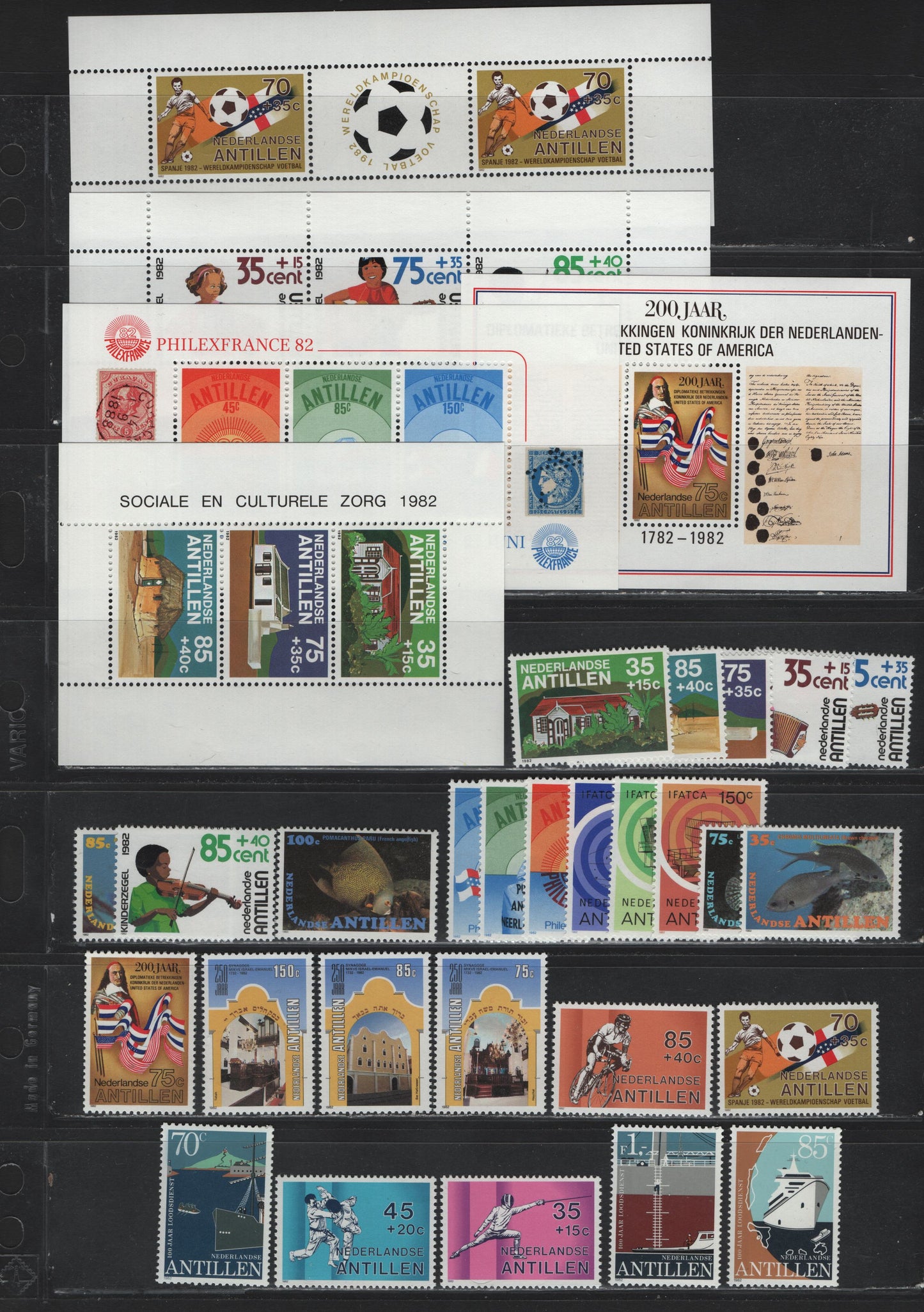 Lot 123 Netherland Antilles SC#472-488, 478a, 484a, B196-B205a, B198a, B202a, B205a, 1982 Commemorative & Semi Postal Issues, 32 VFNH Singles & Souvenir Sheets, Complete Year Set