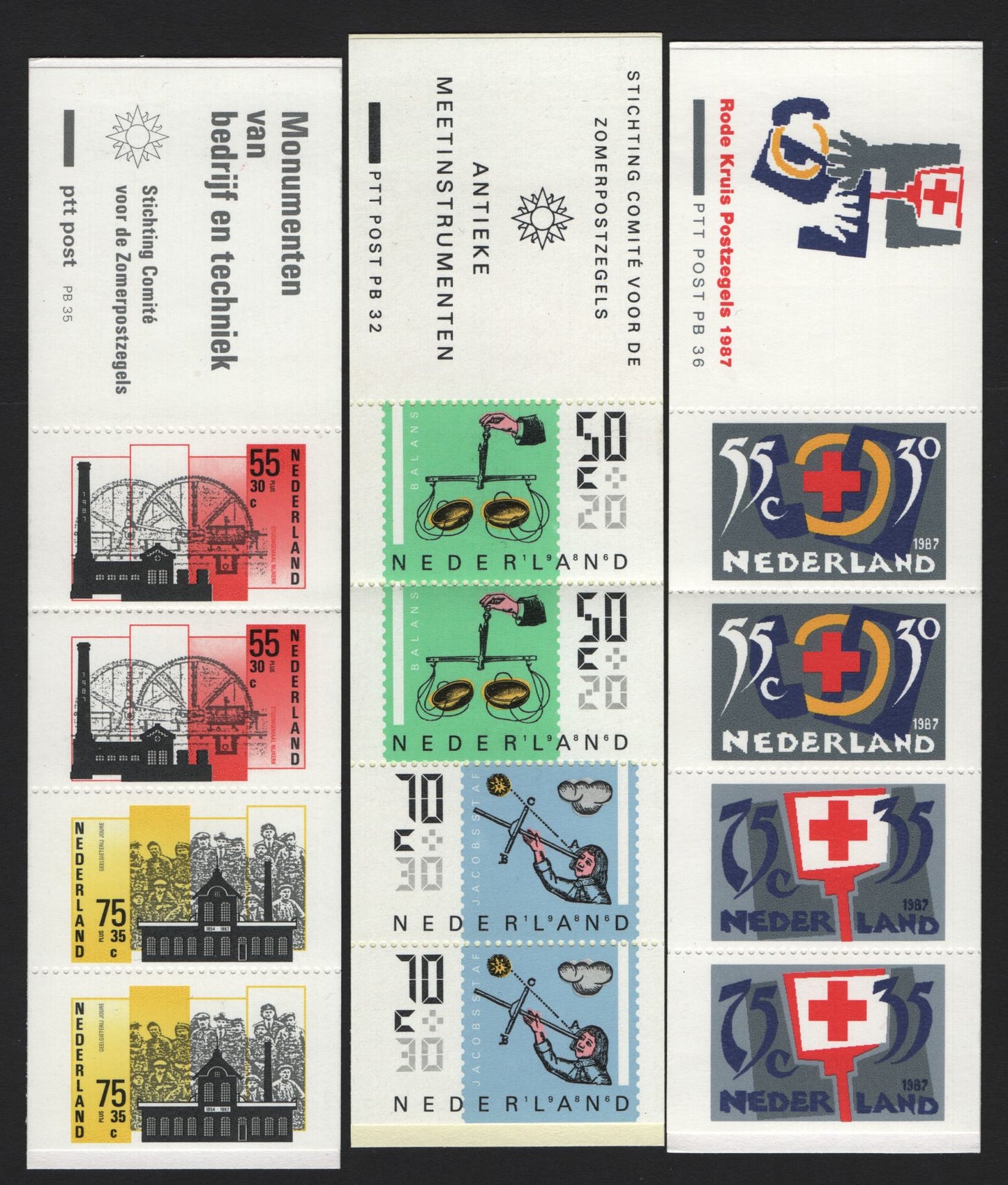 Lot 139 Netherlands SC#B622a, B628a, B631a 50c+20c - 75c+35c Multicolored , 1986-1987 Antique Measuring Instruments - Red Cross Semi Postals, 3 VFNH Complete Booklets