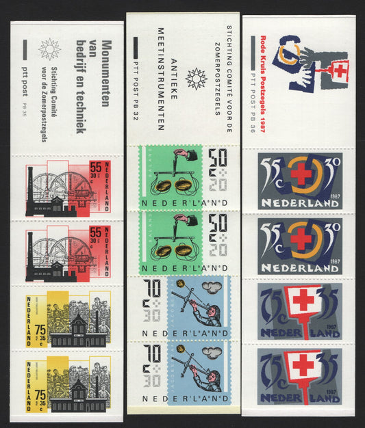 Lot 139 Netherlands SC#B622a, B628a, B631a 50c+20c - 75c+35c Multicolored , 1986-1987 Antique Measuring Instruments - Red Cross Semi Postals, 3 VFNH Complete Booklets