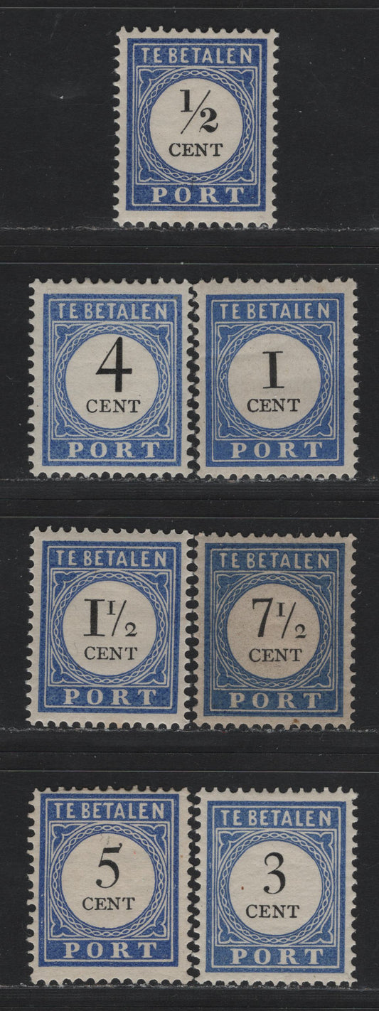 Lot 145 Netherlands SC#J13-J21 1/2c - 7.5c Dark Blue & Black , 1896-1910 Postage Dues, 7 F/VFOG Singles, All Type I, Perf 12.5