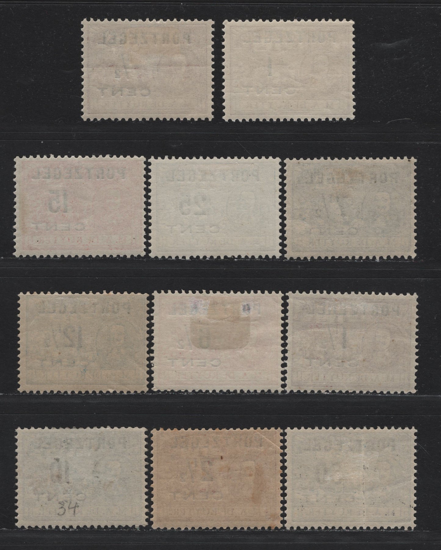 Lot 147 Netherlands SC#J29-J32, J34-J40 1/2c on 1c - 50c on 1/2c Claret - Blue , 1907 Postage Due Overprints, 11 VG/F/VGOG Singles, 2.5c on 1c & 50c ib 1/2c Have Creases, But All Others Are Sound