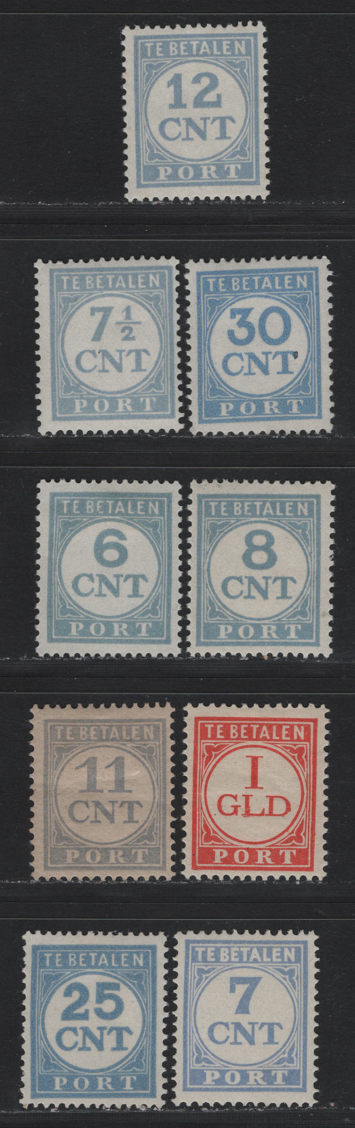 Lot 149A Netherlands Michel#71A, 75A, 79A, 70E/78E (SC# J62/J71) 6c - 1g Pale Ultramarine - Vermillion , 1921-1938 Postage Dues, 9 F/VFOG Singles, Perfs 12.5 (7c, 11c, 1g) & 13.5x12.75