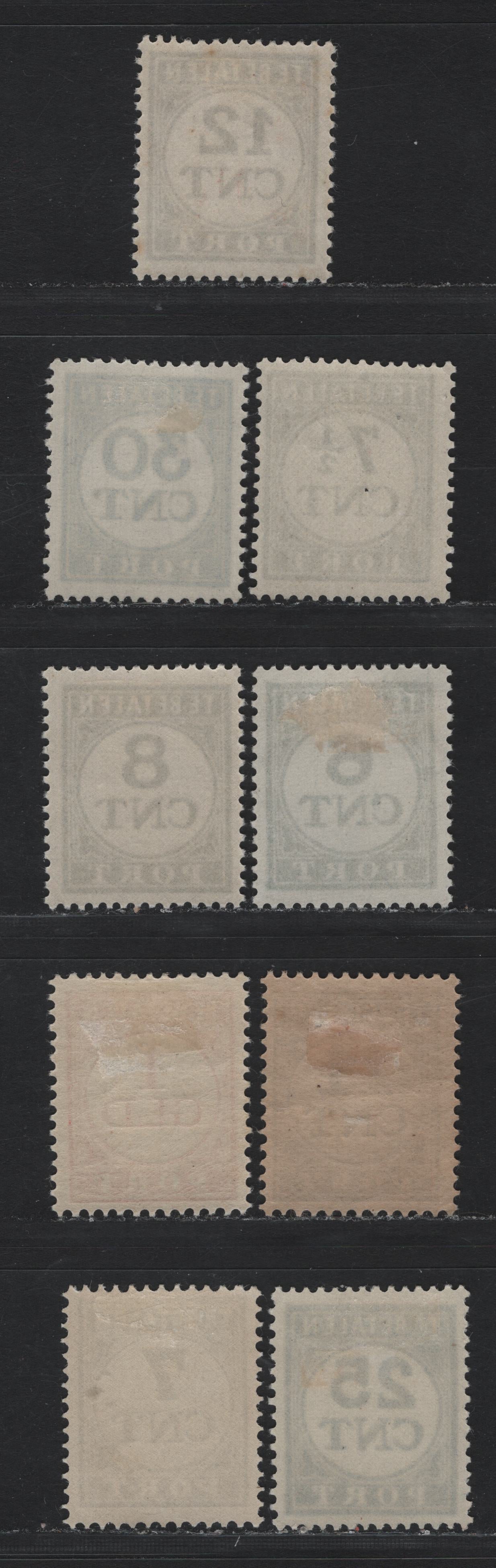 Lot 149A Netherlands Michel#71A, 75A, 79A, 70E/78E (SC# J62/J71) 6c - 1g Pale Ultramarine - Vermillion , 1921-1938 Postage Dues, 9 F/VFOG Singles, Perfs 12.5 (7c, 11c, 1g) & 13.5x12.75