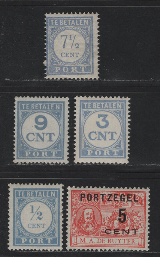 Lot 150 Netherlands SC#J33, J44, J54, J61, J66 (Michel# 51AII, 44E, 33, 69A, 74E) 5c on 2.5c - 9c Vermillion - Ultramarine , 1907-1938 Postage Dues, 5 F/VFNH Singles