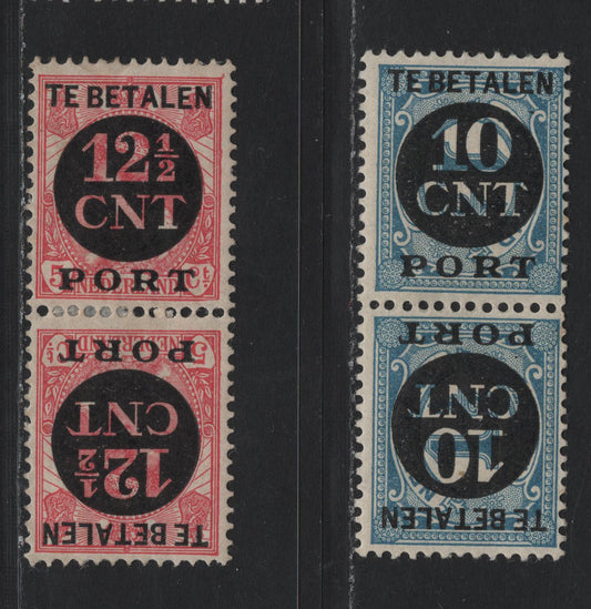Lot 151 Netherlands SC#J78a-J79a 10c on 1.5c - 12.5c on 5c Blue - Carmine , 1924 Surcharged Postage Dues, 2 FOG Tete-Beche Pairs