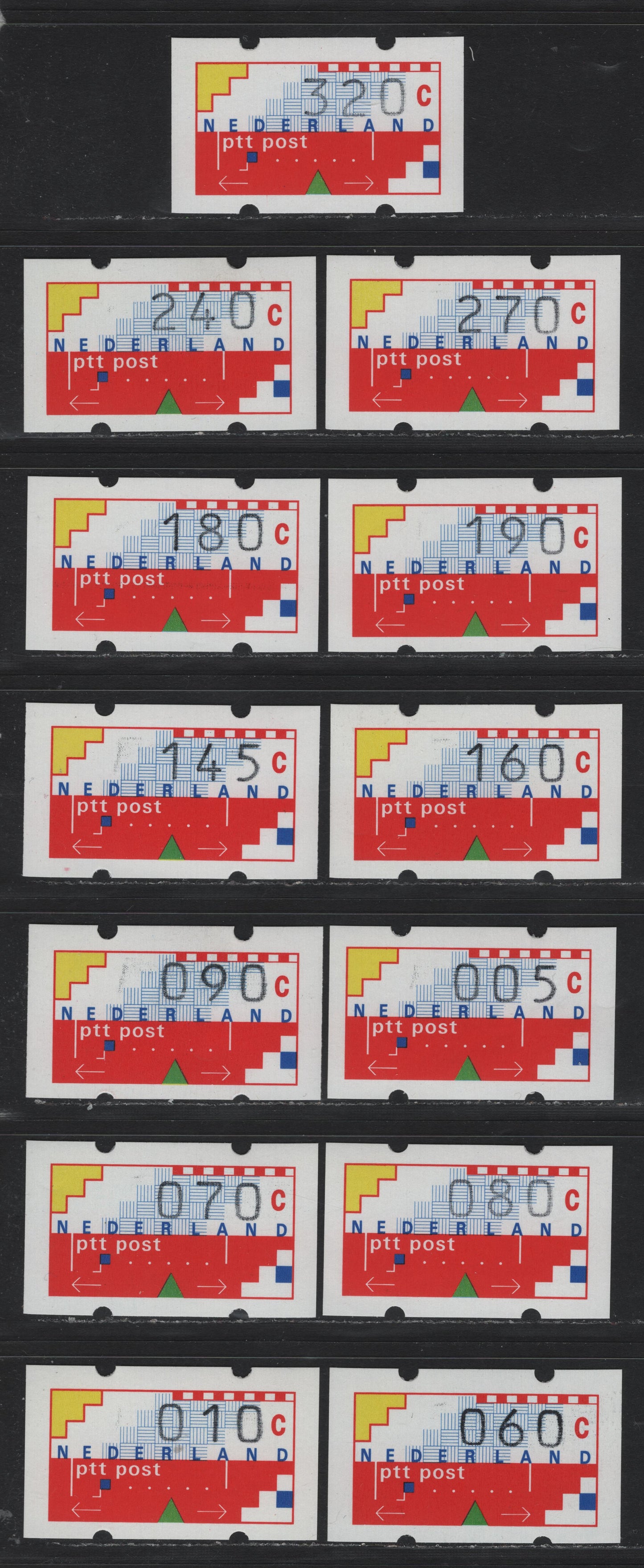 Lot 154 Netherlands Michel#1 (Unlisted) 5c - 320c Multicolored , 1989 Frama Labels, 13 VFNH Singles, Total Face Value 18.2gld