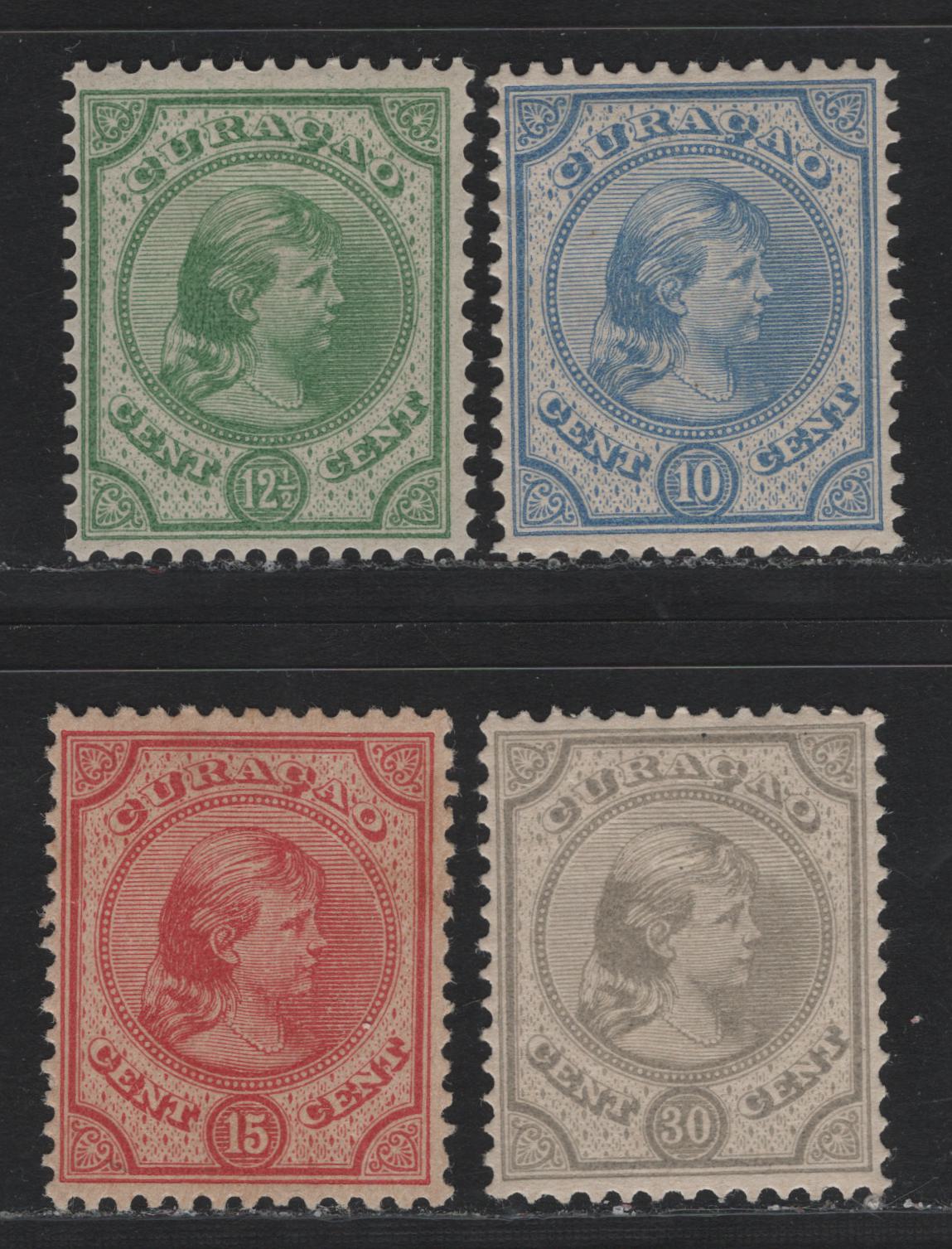 Lot 158 Netherlands Antilles SC#19-21, 23 10c - 30c Ultramarine - Gray , 1892-1896 Queen Wilhelmina Sidefaces Issue, 4 F/VFOG Singles, Perf 12.5, With Gum