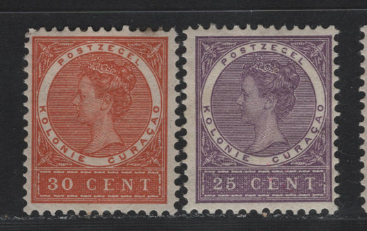 Lot 162 Netherlands Antilles SC#40-41 25c - 30c Violet - Brown Orange , 1904-1908 Queen Wilhelmina Issue, 2 FOG Singles