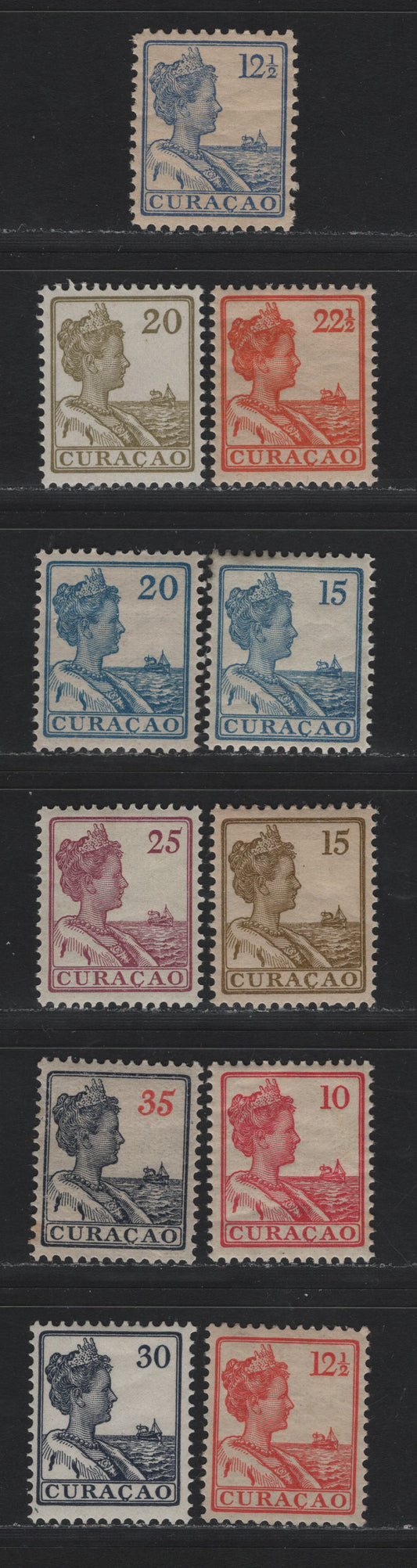 Lot 165 Netherlands Antilles SC#59-69 10c - 35c Carmine Rose - Slate & Red , 1915-1933 Numeral & Queen Wilhelmina Issue, 11 F/VFOG Singles, White Background, Perf 11 (12.5c) & 12.5 (Rest)