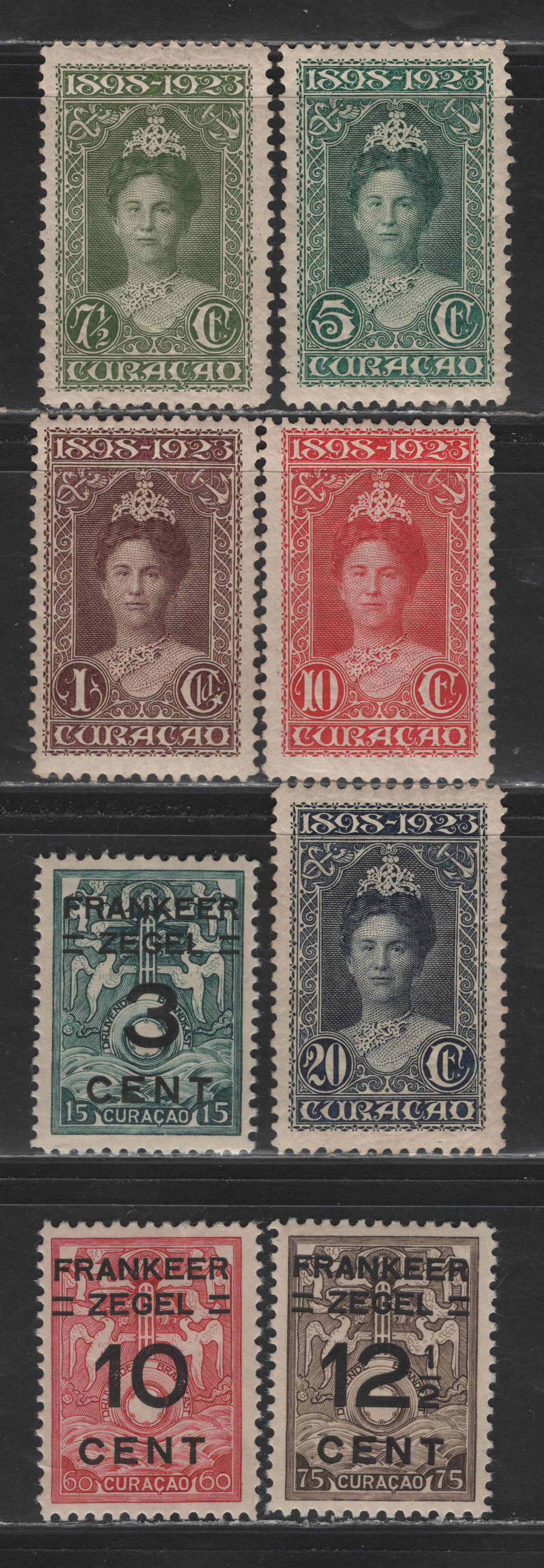Lot 168 Netherlands Antilles SC#75-79, 87-89 5c - 12.5c on 75c Bluish Green - Gray Brown , 1915-1933 Numeral & Queen Wilhelmina - Surcharged Issues, 8 F/VFOG Singles