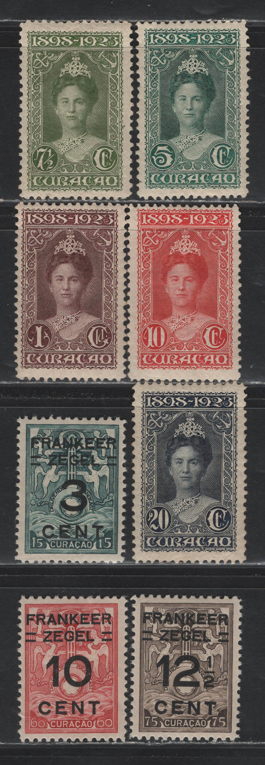 Lot 168 Netherlands Antilles SC#75-79, 87-89 5c - 12.5c on 75c Bluish Green - Gray Brown , 1915-1933 Numeral & Queen Wilhelmina - Surcharged Issues, 8 F/VFOG Singles