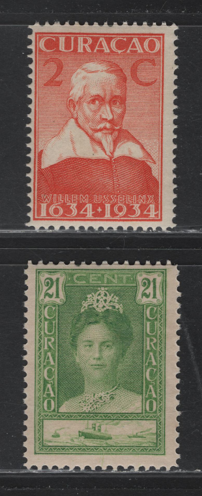 Lot 170 Netherlands Antilles SC#101, 112 21c - 2c Yellow Green - Orange , 1928-1930 Queen Wilhelmina & Ship - 3rd Centenary of Founding of the Colony Issues, 2 FNH Singles
