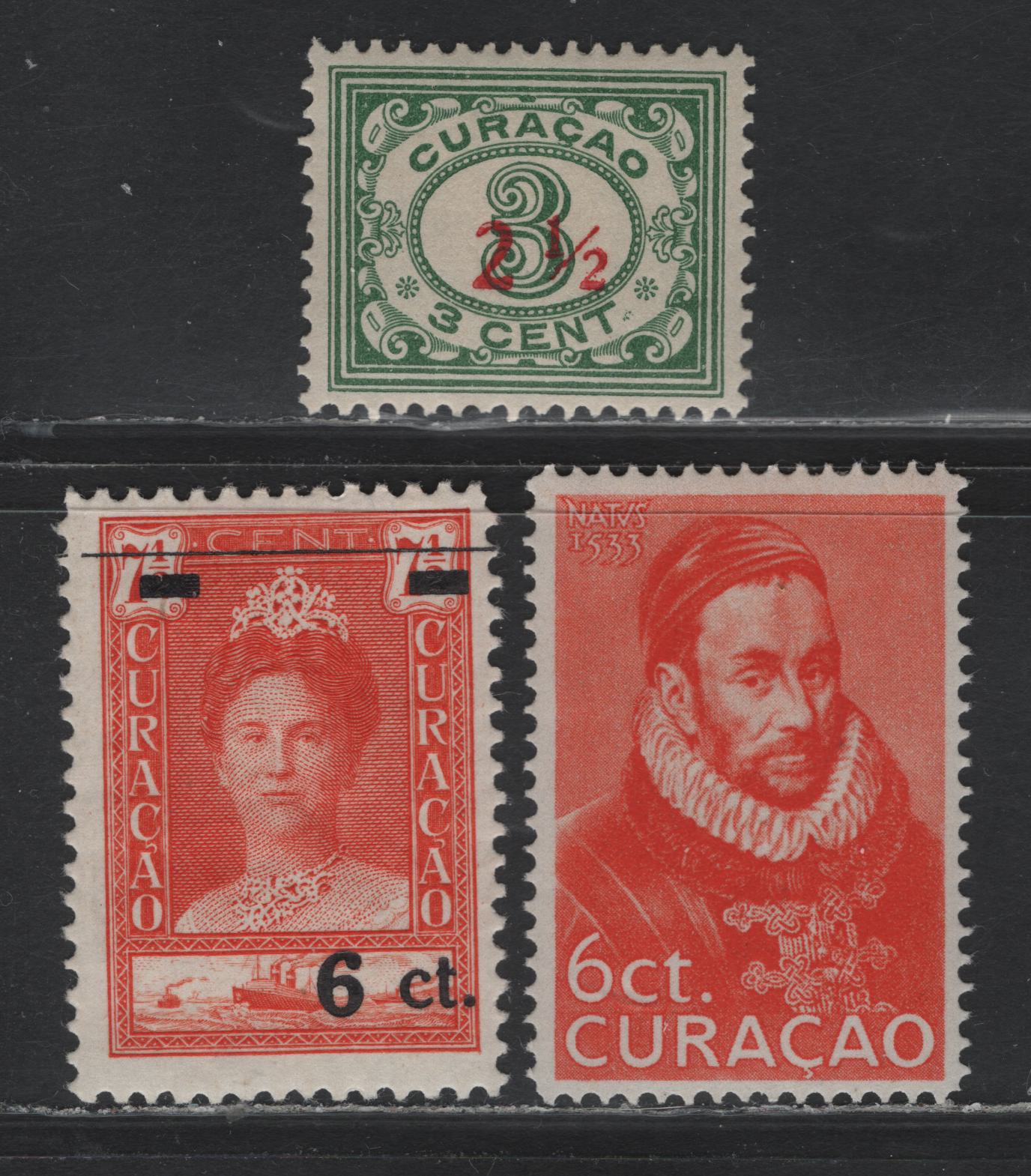 Lot 171 Netherlands Antilles SC#106-107, 109 6c on 7.5c - 6c Orange Red - Deep Orange , 1929-1933 Surcharges - 400th Birth Anniv of Prince William I Issues, 3 F/VFOG Singles