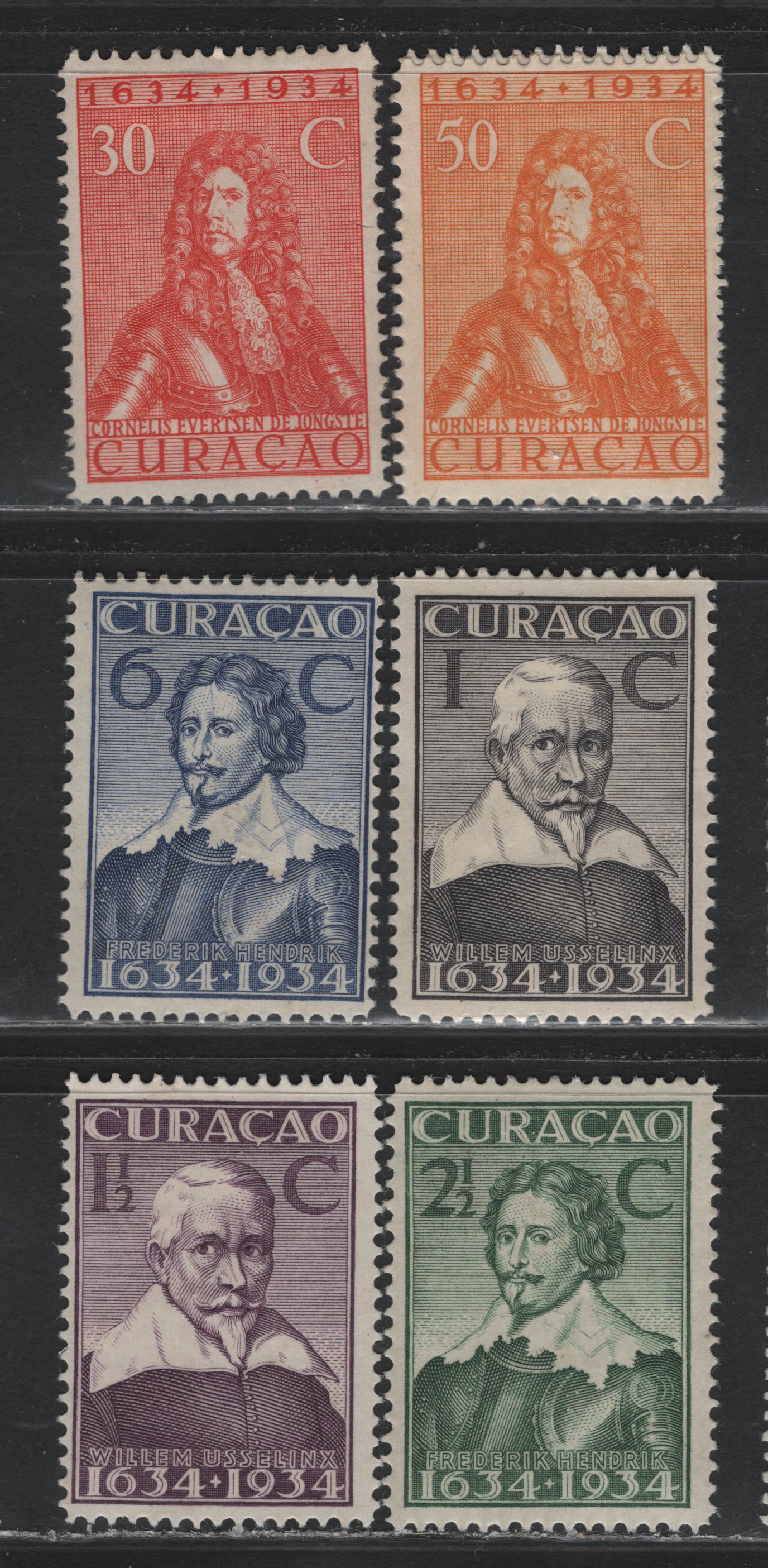 Lot 172 Netherlands Antilles SC#110-111, 113, 115, 120, 123-124 1c- 50c Black - Orange Yellow , 1934 3rd Centenary of Founding of the Colony Issue, 7 F/VFOG Singles