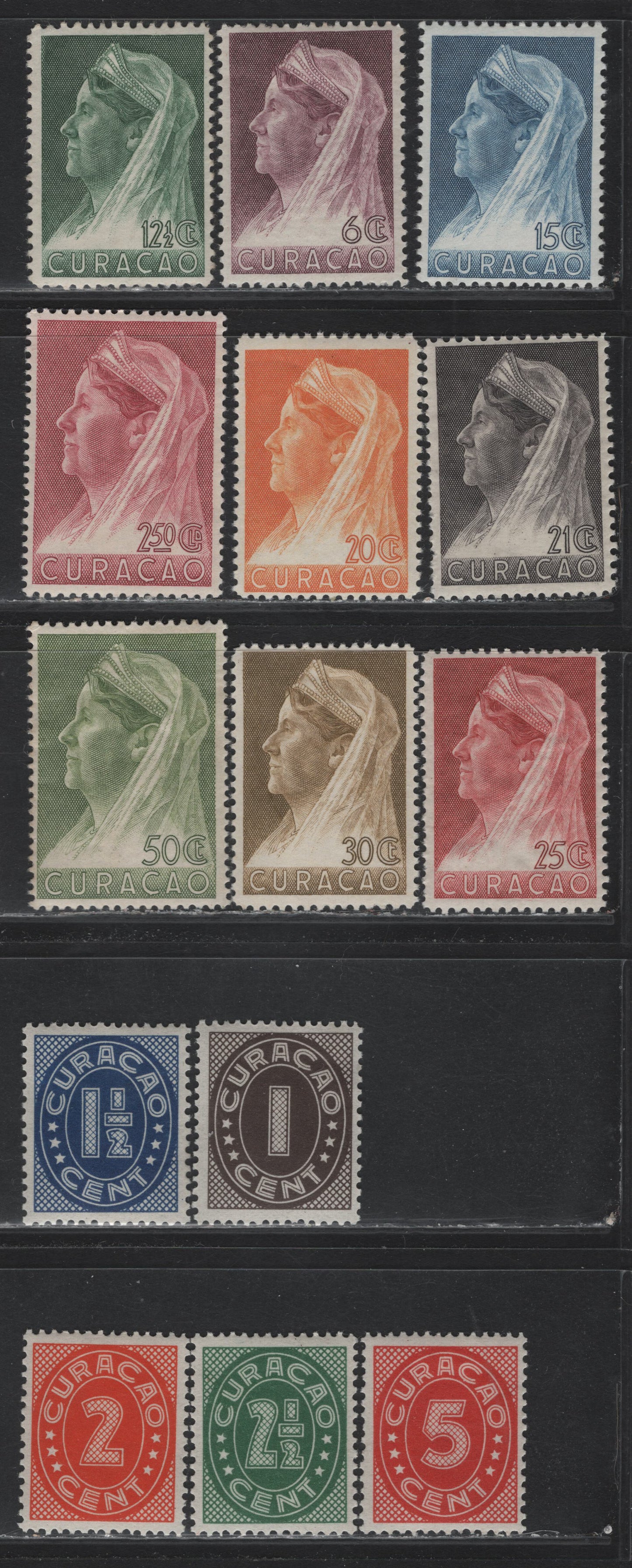 Lot 173 Netherlands Antilles SC#127-132, 134-138, 140-141, 143 1c - 2.5g Brown Black - Rose Lake , 1936 Numeral & Queen Wilhelmina Issue, 14 F/VFOG Singles, Perfs 13.5x13 & 13x14