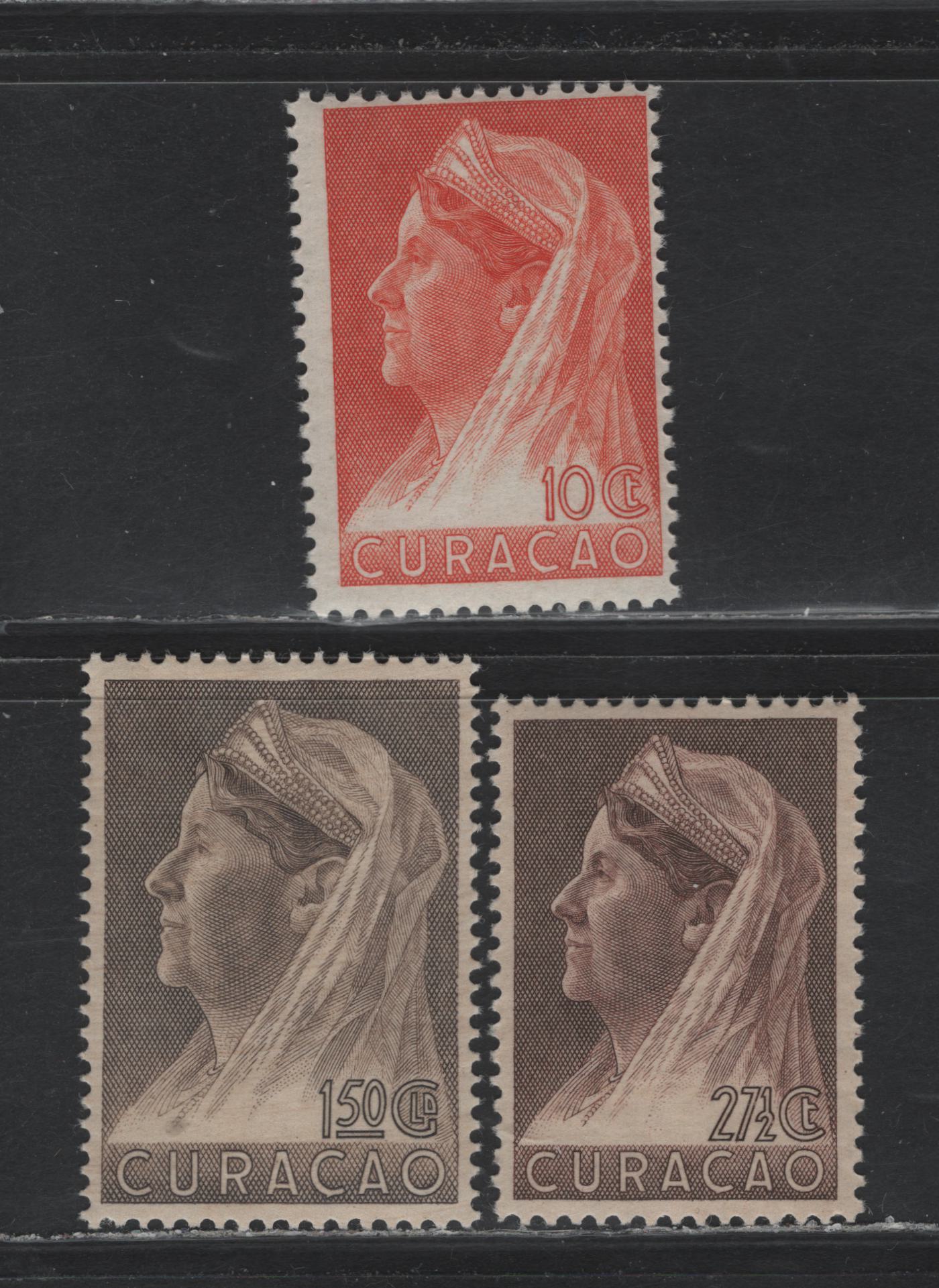 Lot 174 Netherlands Antilles SC#133, 139, 142 10c - 1.5g Orange - Black Brown , 1936 Numeral & Queen Wilhelmina Issue, 3 F/VFNH Singles, Some Minor Gum Toning On 27.5c & 1.5g