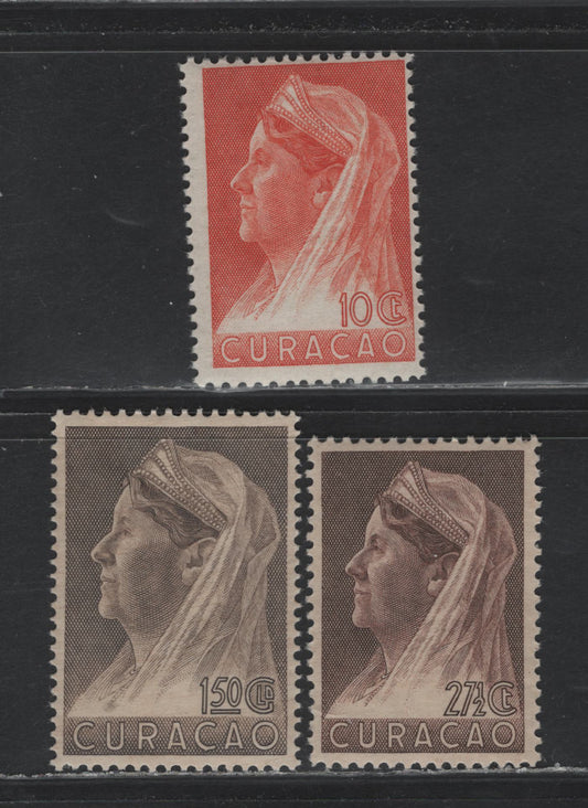 Lot 174 Netherlands Antilles SC#133, 139, 142 10c - 1.5g Orange - Black Brown , 1936 Numeral & Queen Wilhelmina Issue, 3 F/VFNH Singles, Some Minor Gum Toning On 27.5c & 1.5g
