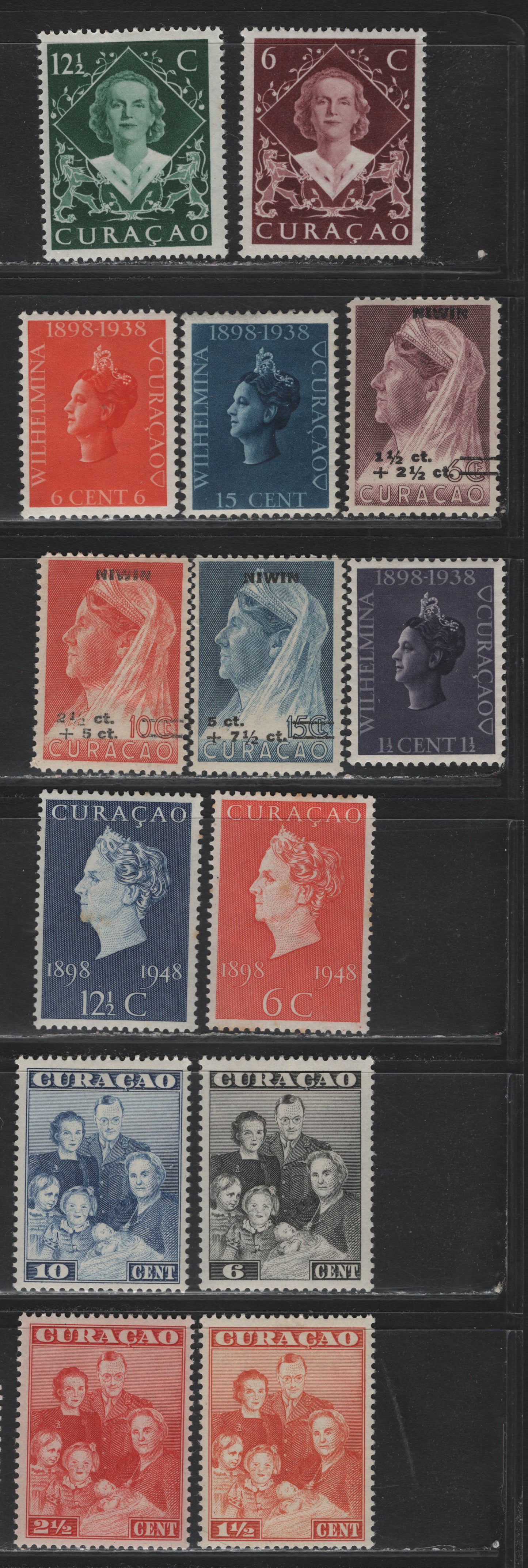 Lot 176 Netherlands Antilles SC#144-146, 170-173, 199-202, B1-B3 1.5c - 7.5c on 15c Dull Purple - Deep Blue , 1938-1948 40th Anniv of Queen Hilhelmina's Reign - Investiture of Queen Juliana Issues, 14 F/VFOG Singles