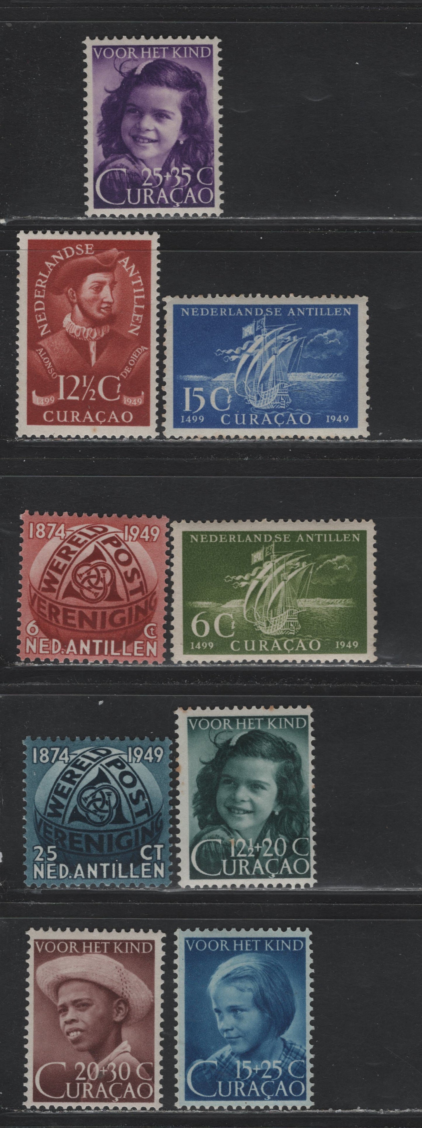 Lot 177 Netherlands Antilles SC#203-207, B6-B9 6c - 25c+35c Olive Green - Purple , 1948-1949 Child Welfare, Red & White Cross - UPU Issues, 9 F/VFOG Singles, Mild Toning On B6
