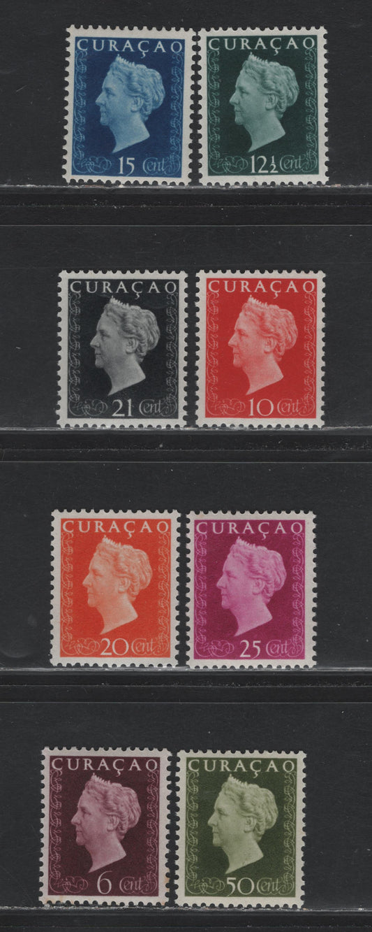 Lot 178 Netherlands Antilles SC#188/197 6c - 50c Dark Violet Brown - OliveGreen , 1948 Queen Wilhelmina Sideface Issue, 8 VFOG Singles, Minor Toning On 6c